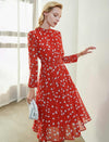 Bright Red Leaf-Print Midi Dress