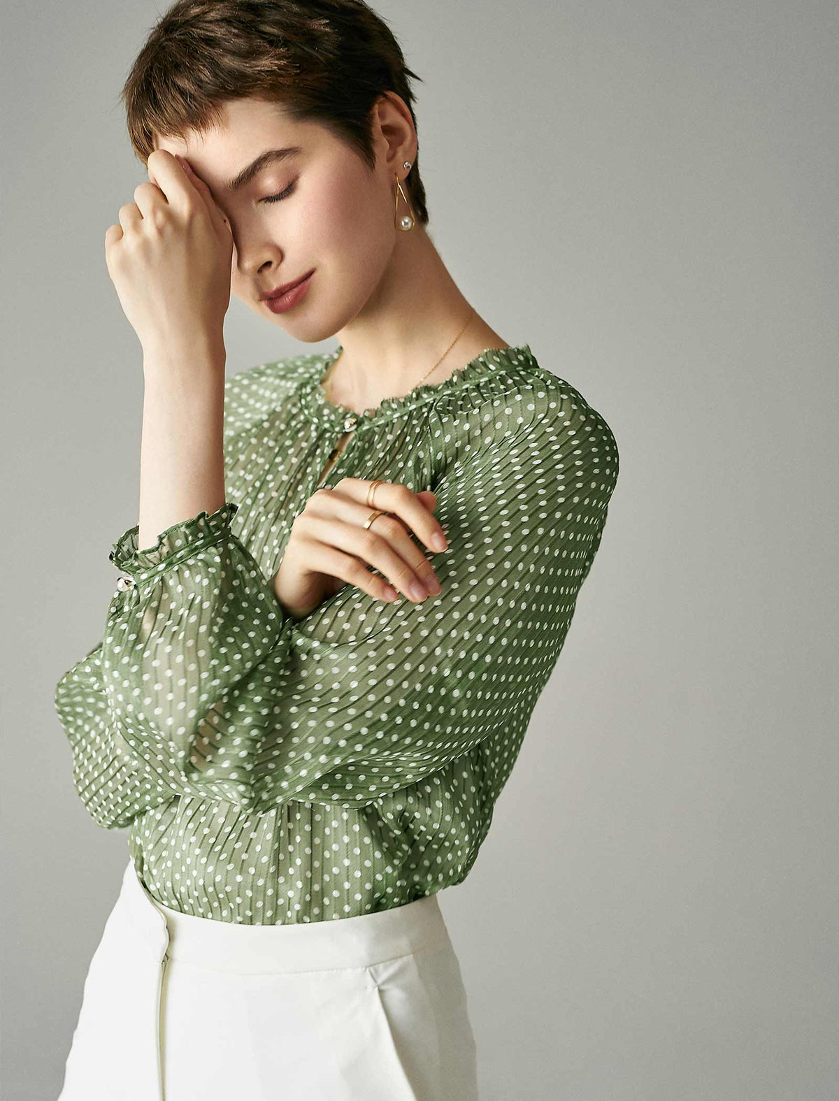 Chiffon Polka Dot Lantern Sleeve Blouse
