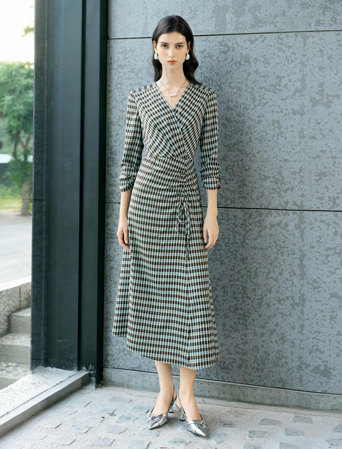 Checked Wrap Midi Dress