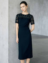 Black Lace Yoke Short Sleeve Waist Ruched Midi Sheath Dress