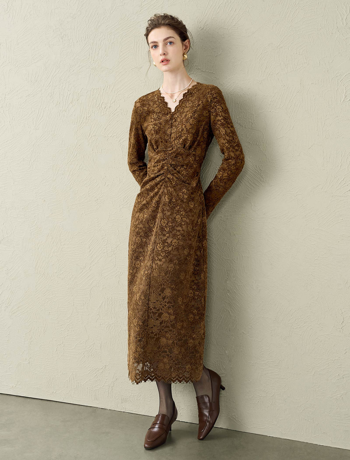Brown Lace Ruched-Front Midi Dress