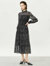 Black Speckled Print Ruffle Neck Long Sleeve Tiered Midi Dress