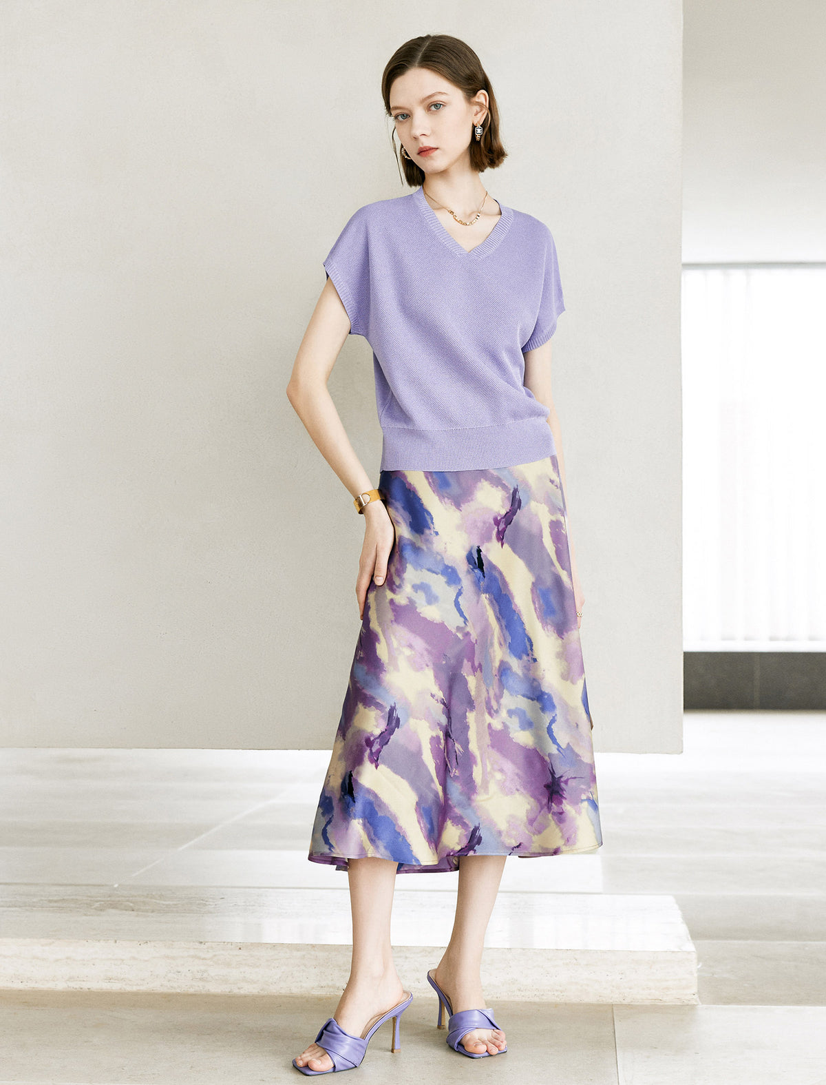 Watercolor Print Satin Midi Skirt