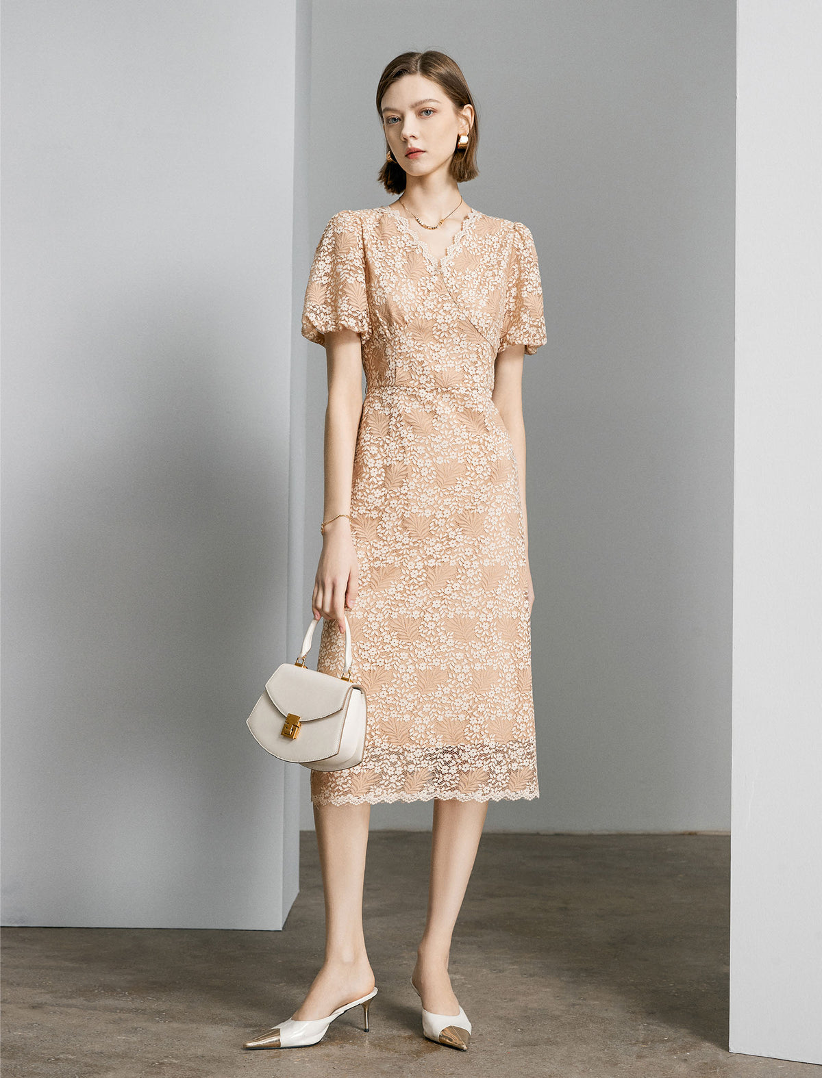Apricot Lace V-Neck Midi Dress