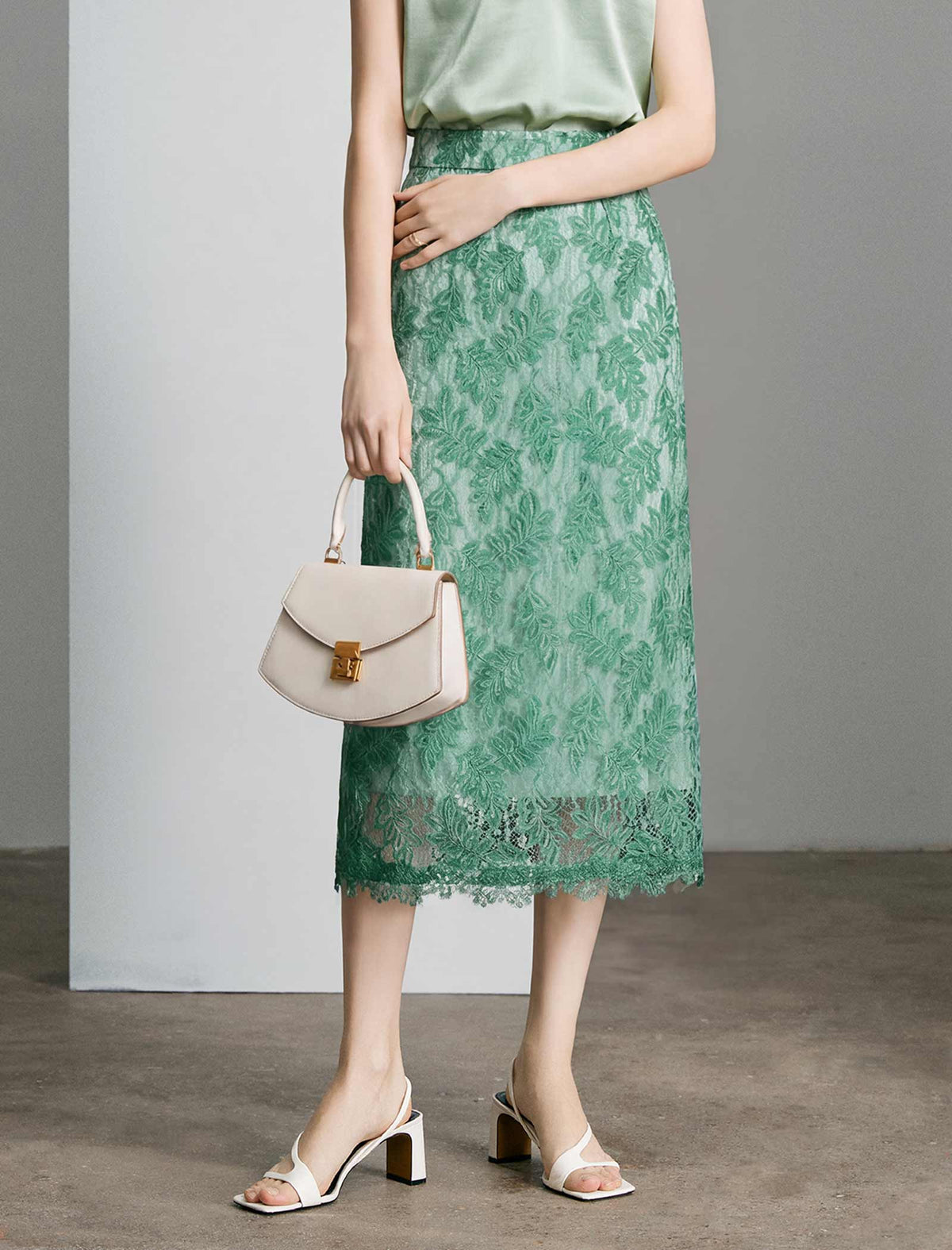 Sage Green Floral Leaf Lace High Waist Pencil Midi Skirt