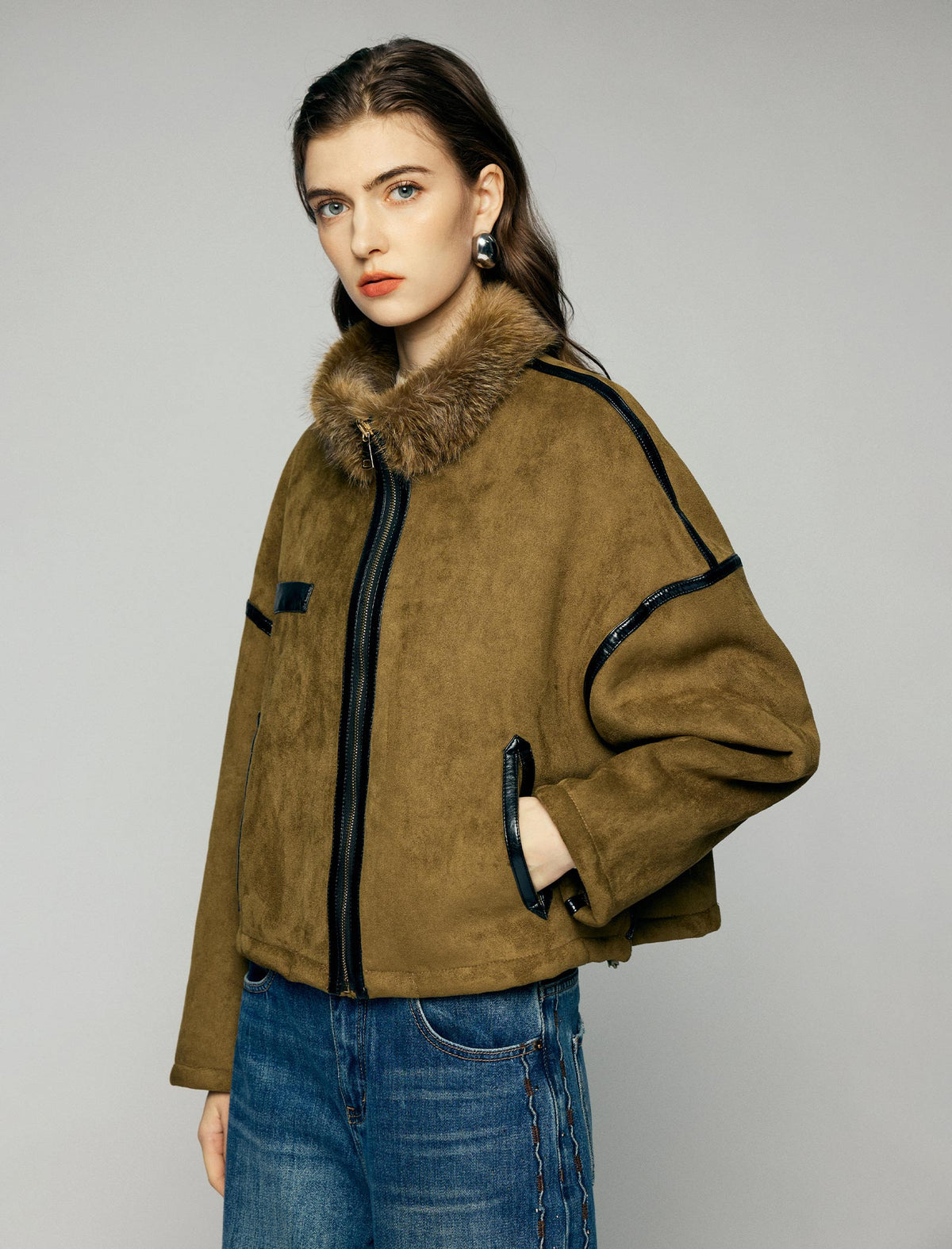 Contrast-Trim Zip-Front Cropped Moto Jacket