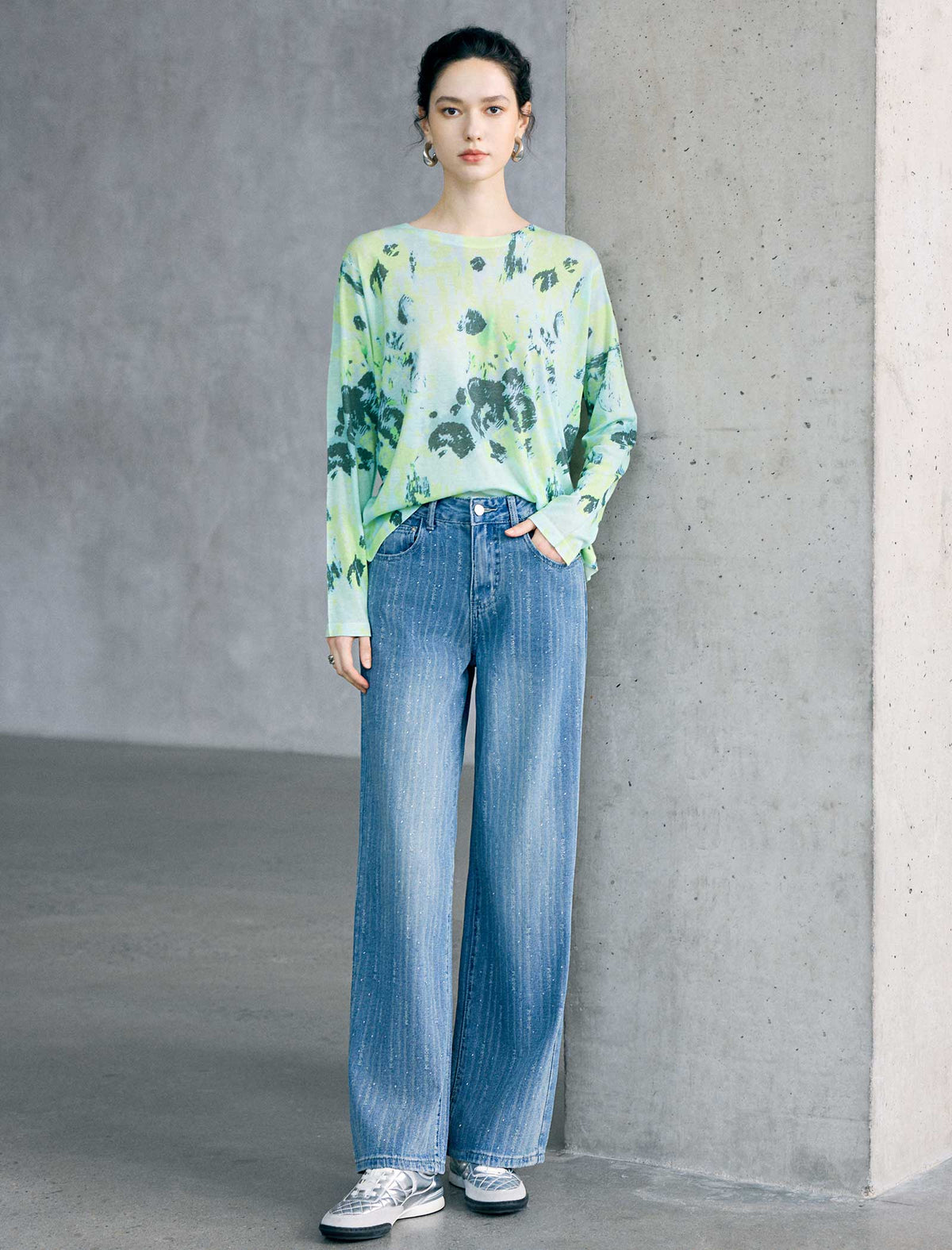 High‑Rise Rhinestone Striped Wide‑Leg Jeans