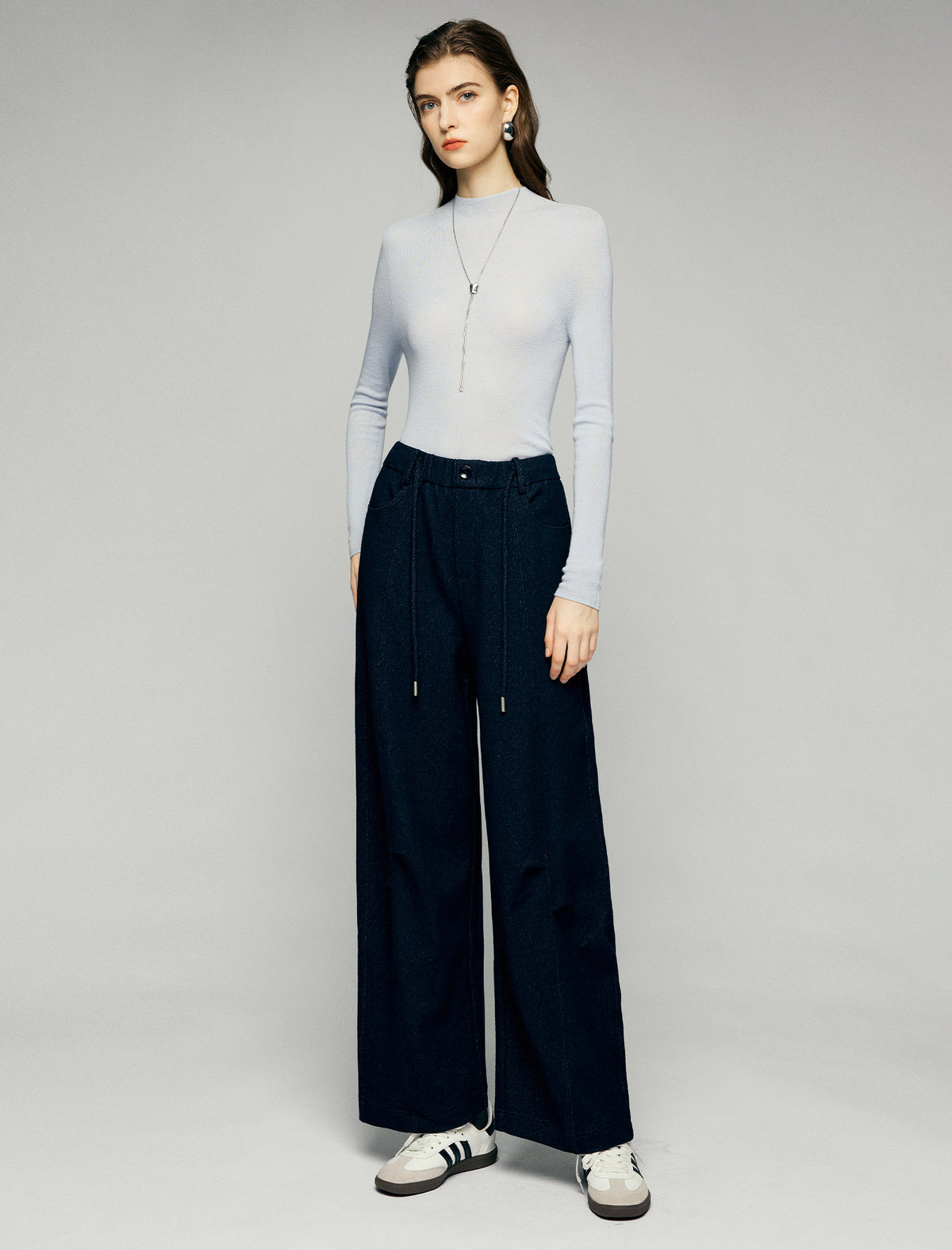 Wool Blend Drawstring Pleated Pocket Wide-Leg Pants