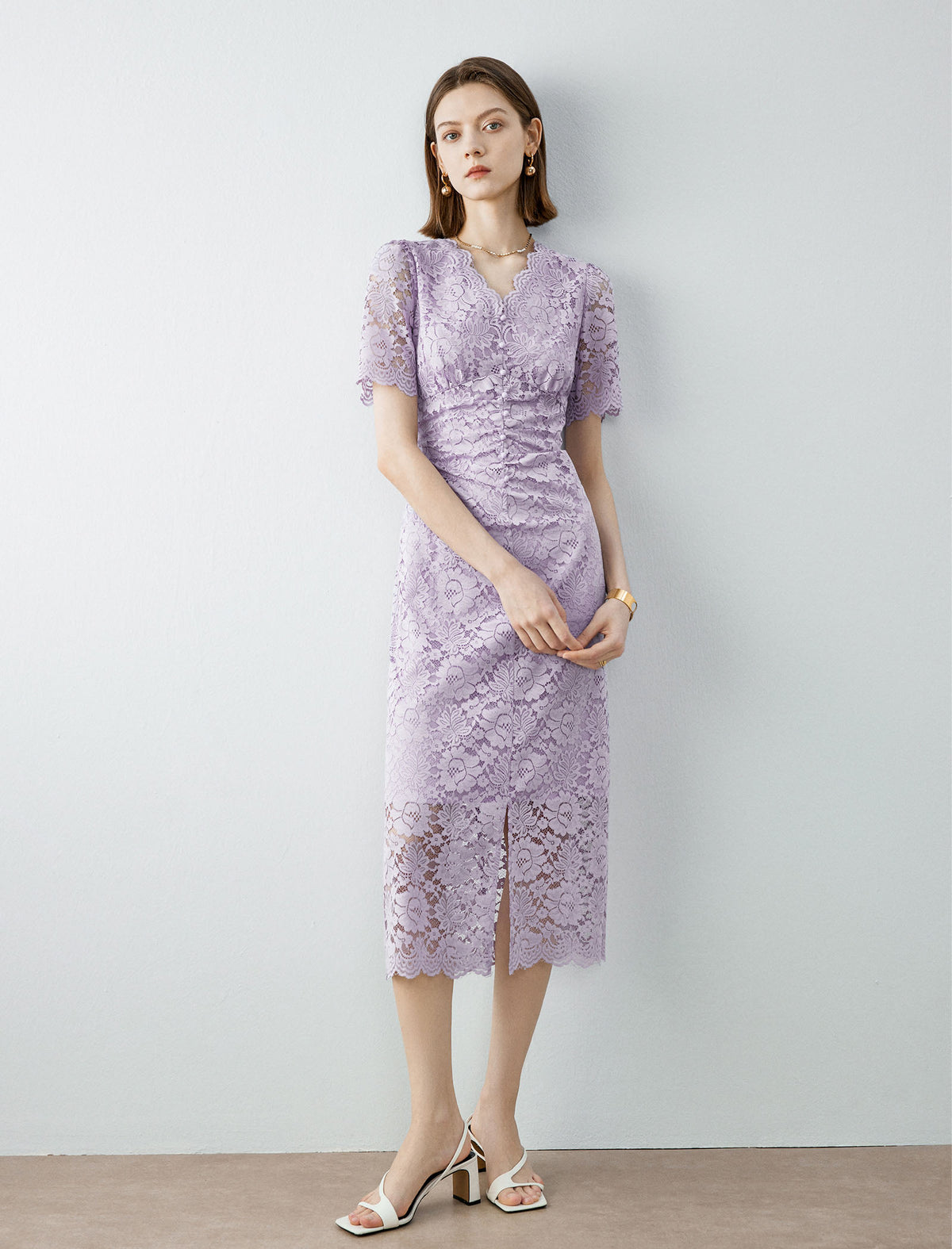 V-Neck Lilac Lace Midi Dress