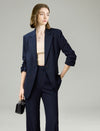 Navy Pinstripe Ruched Sleeves Blazer