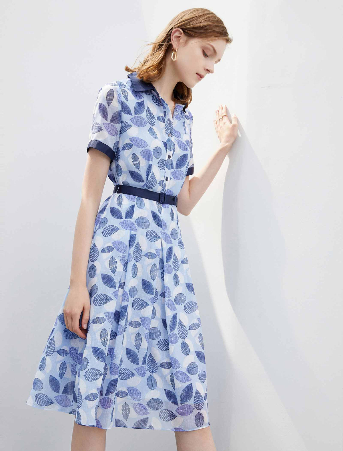 Leaf Print Contrast Trim Shirt Dress