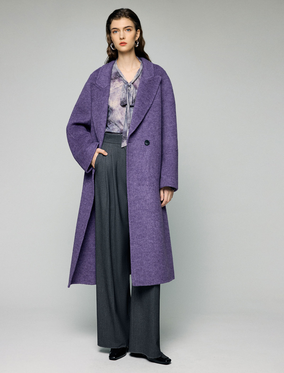 Wool Blend Notched-Lapel Double-Breasted Relaxed Long Coat