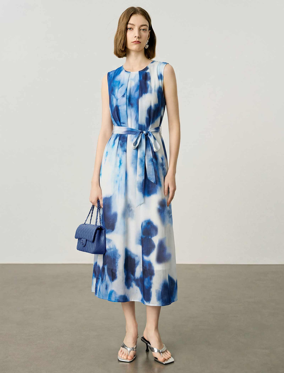 Watercolor Tie-Dye Round Neck Sleeveless Belted Silk Blend Midi Dress