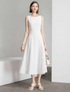 White Boat Neck Sleeveless Lace Slit Waist-Fitted Midi Dress