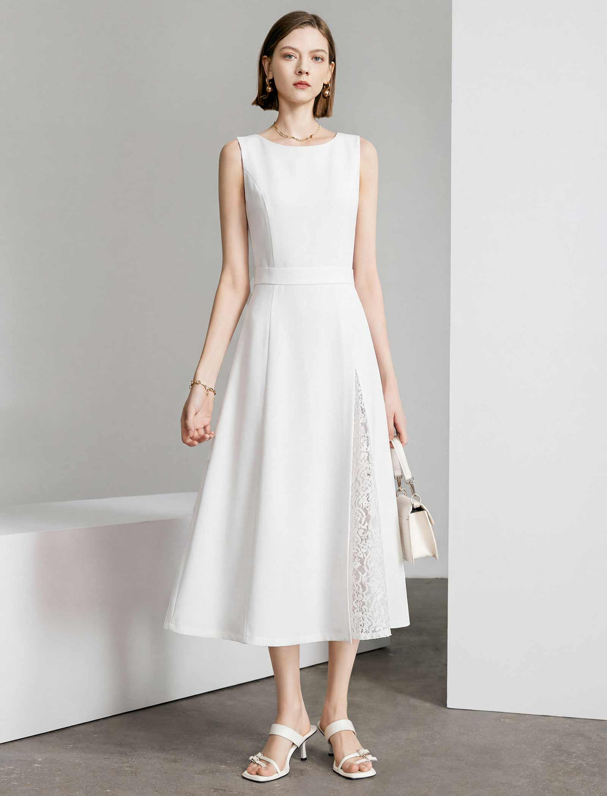 White Boat Neck Sleeveless Lace Slit Waist-Fitted Midi Dress