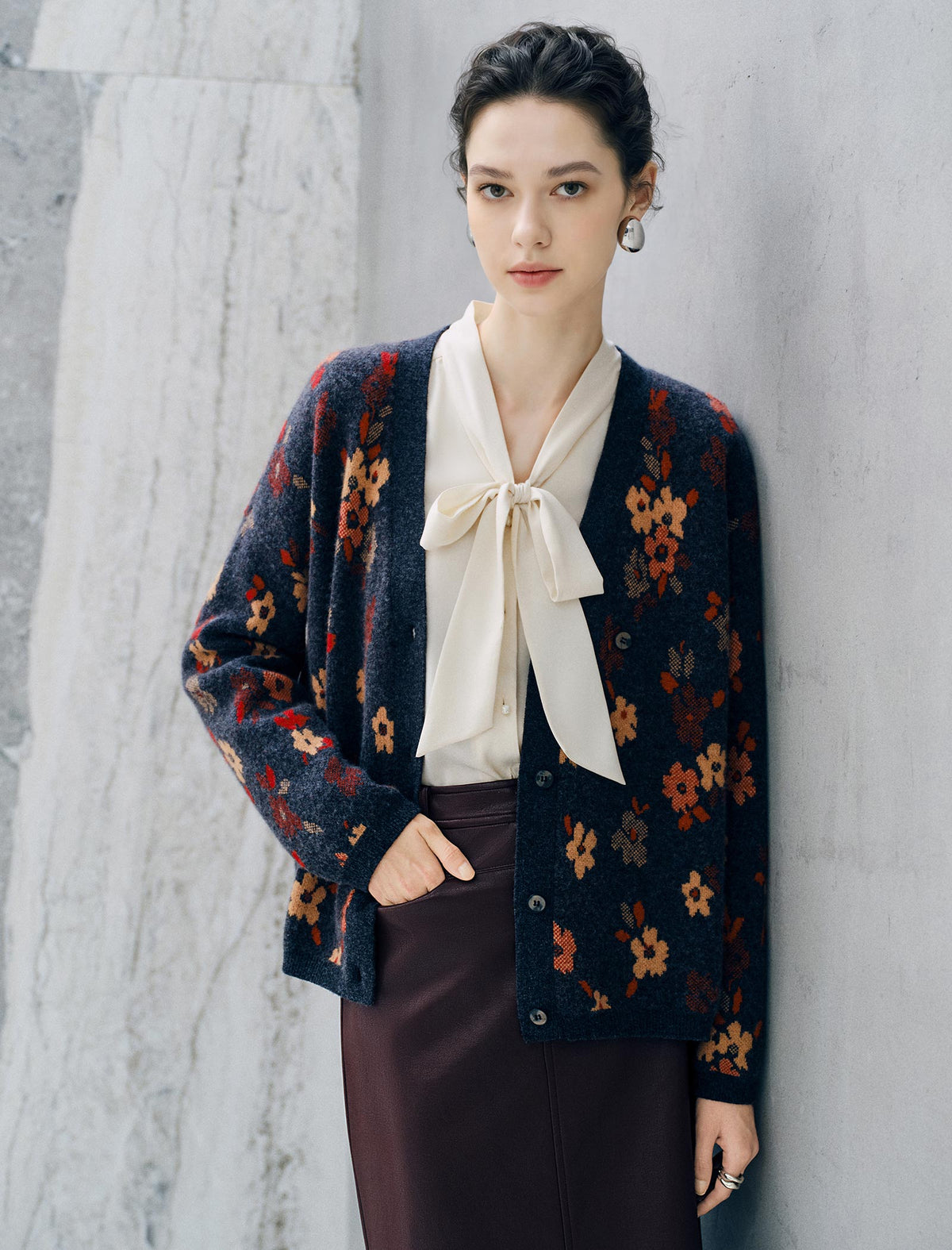 Floral V-Neck Button Front Knit Cardigan