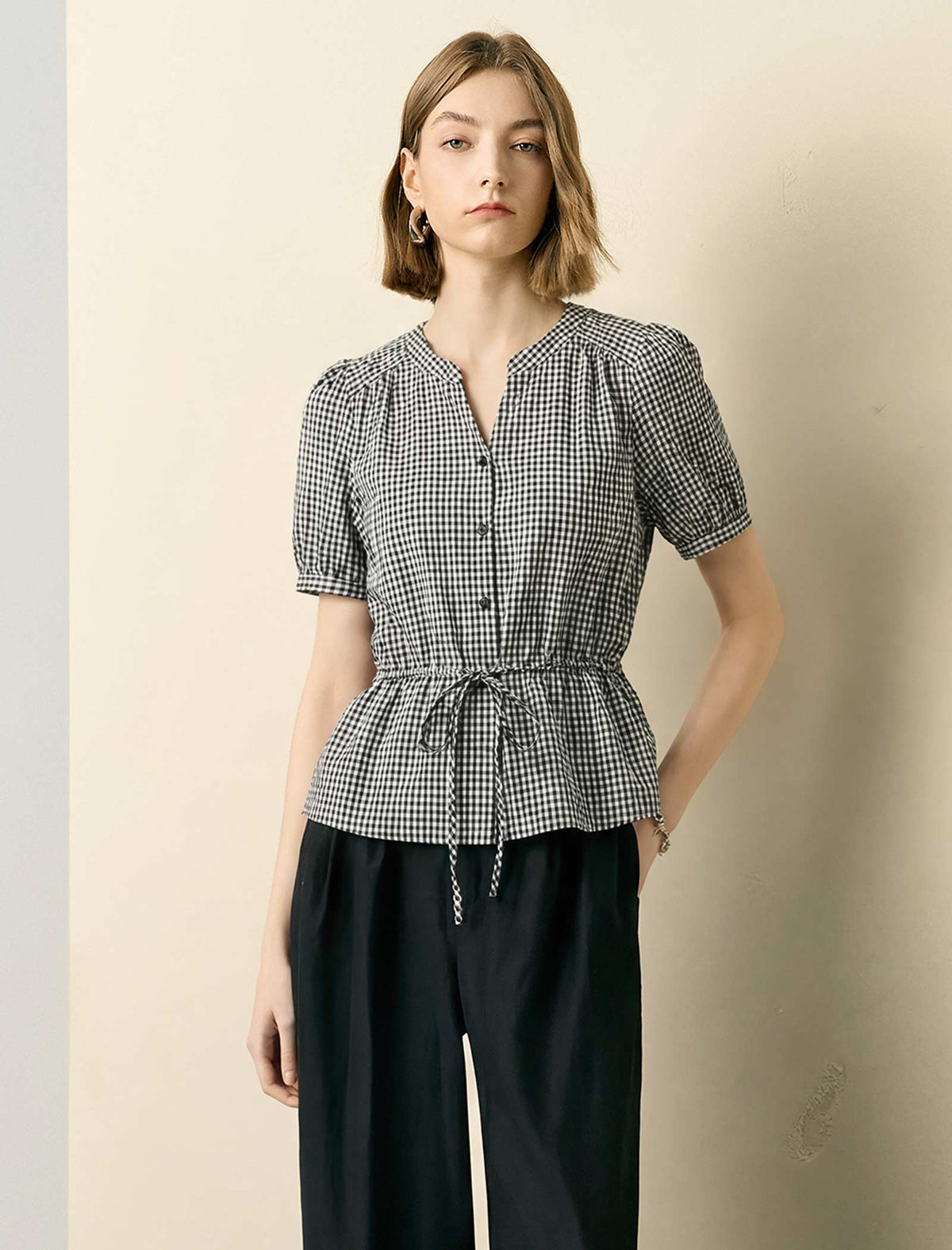 Puff Sleeve Plaid V‑Neck Blouse