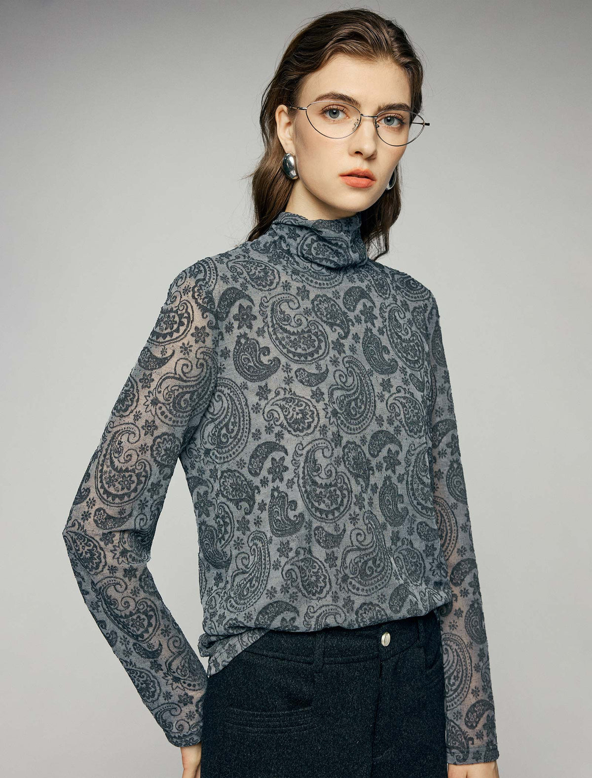 Paisley Print Turtleneck Fitted Long Sleeve Top