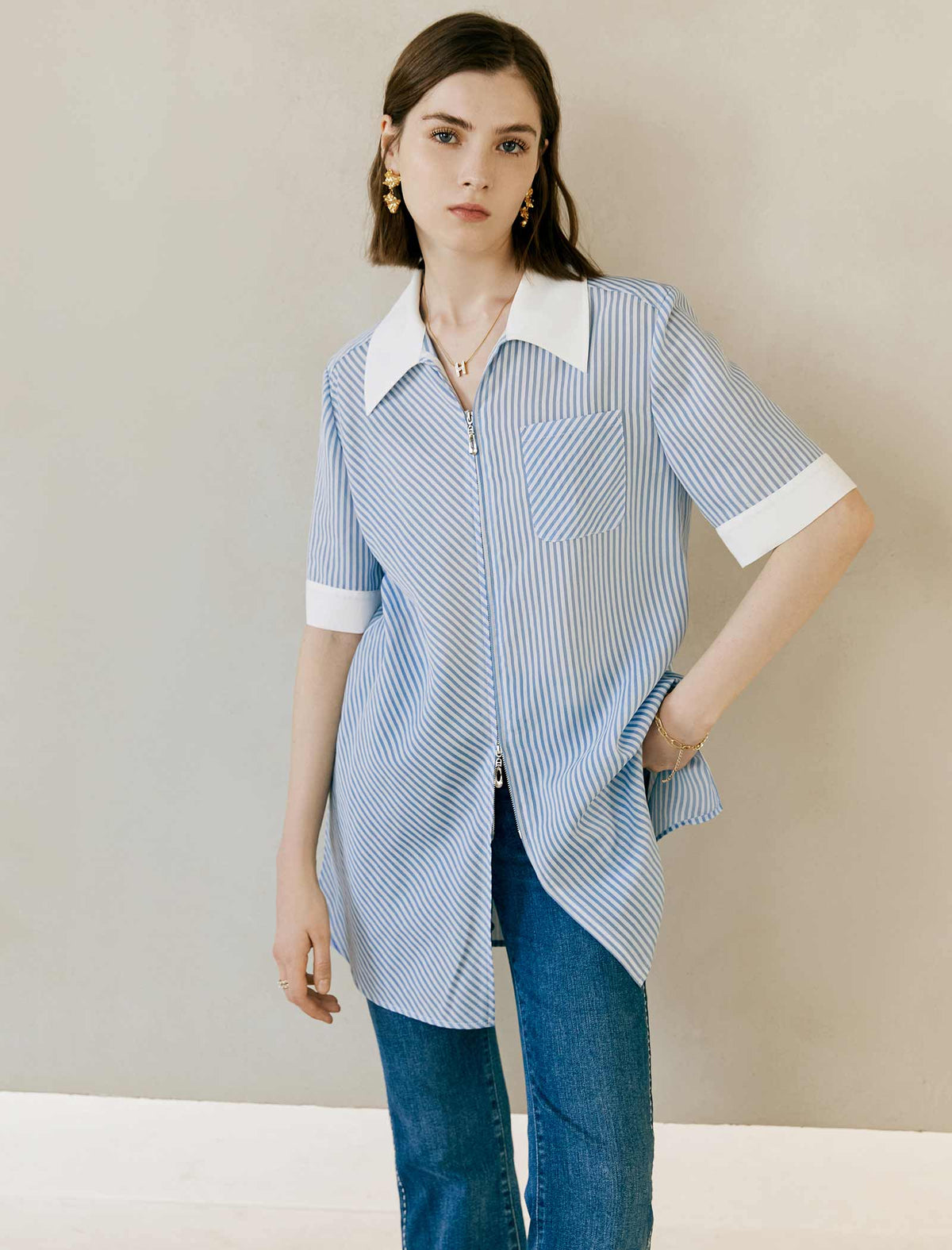 Striped Contrast Collar Relaxed Fit Shirt