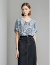 Leaf Print Tie Neck Puff Sleeve Top