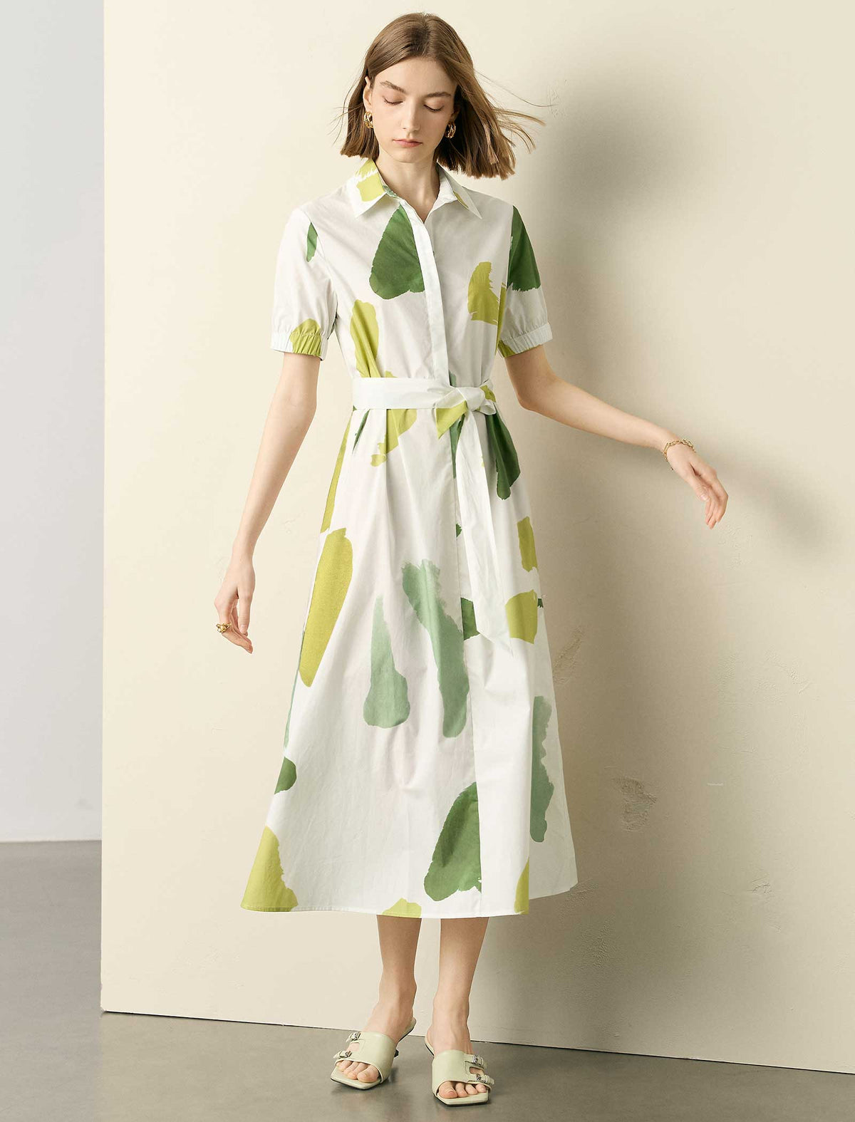Green Watercolor Print Shirt Midi Dress
