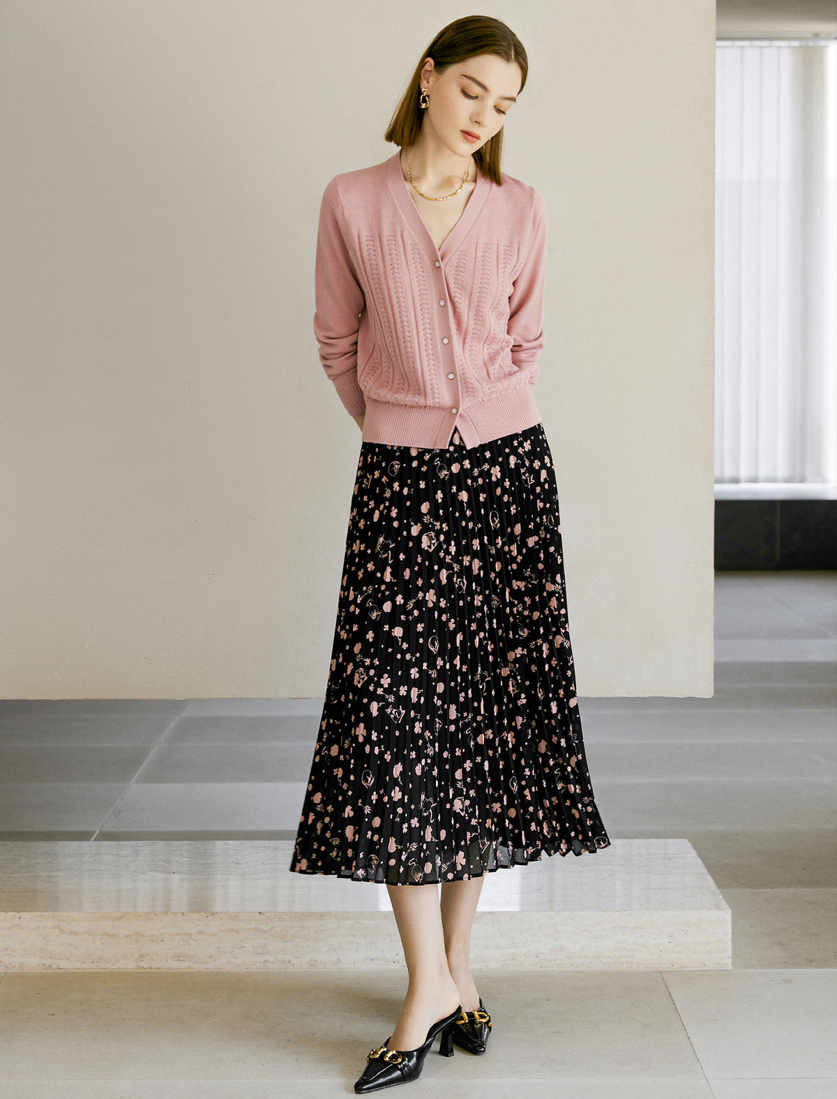 Ditsy Pleated Midi Skirt