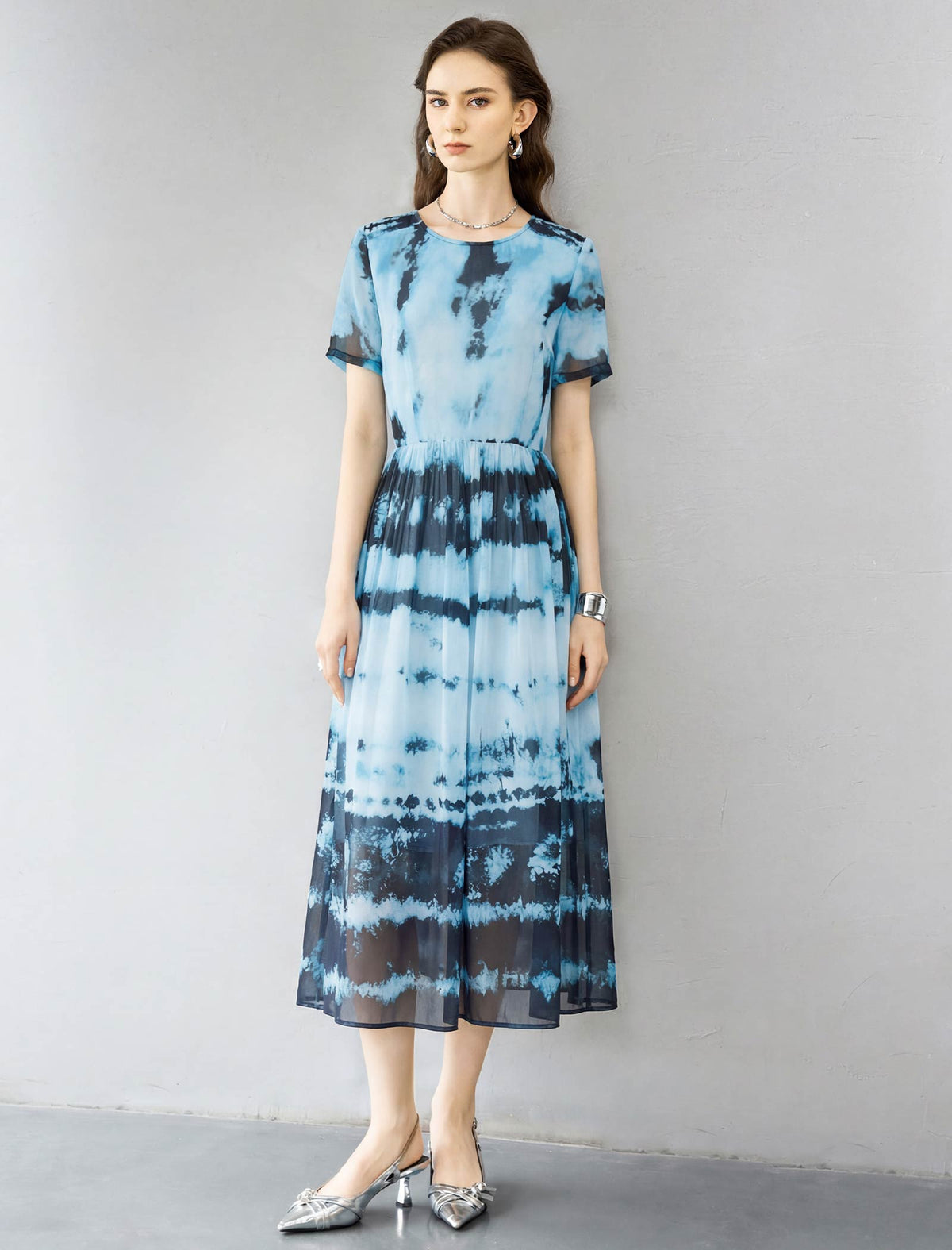 Blue Tie-Dye Print Chiffon Midi Dress