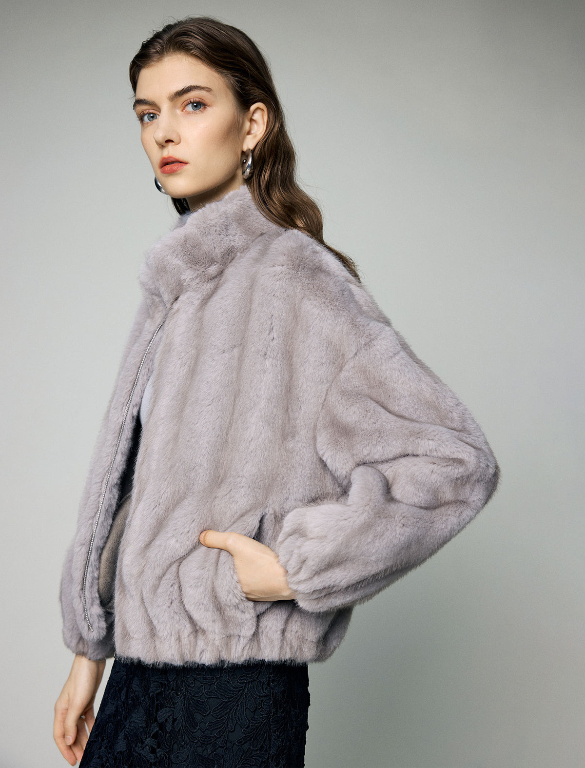 Stand-Collar Balloon-Sleeve Zip-Front Cropped Jacket