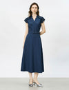 Dark Blue Lace Cap Sleeve Belted Midi Dress
