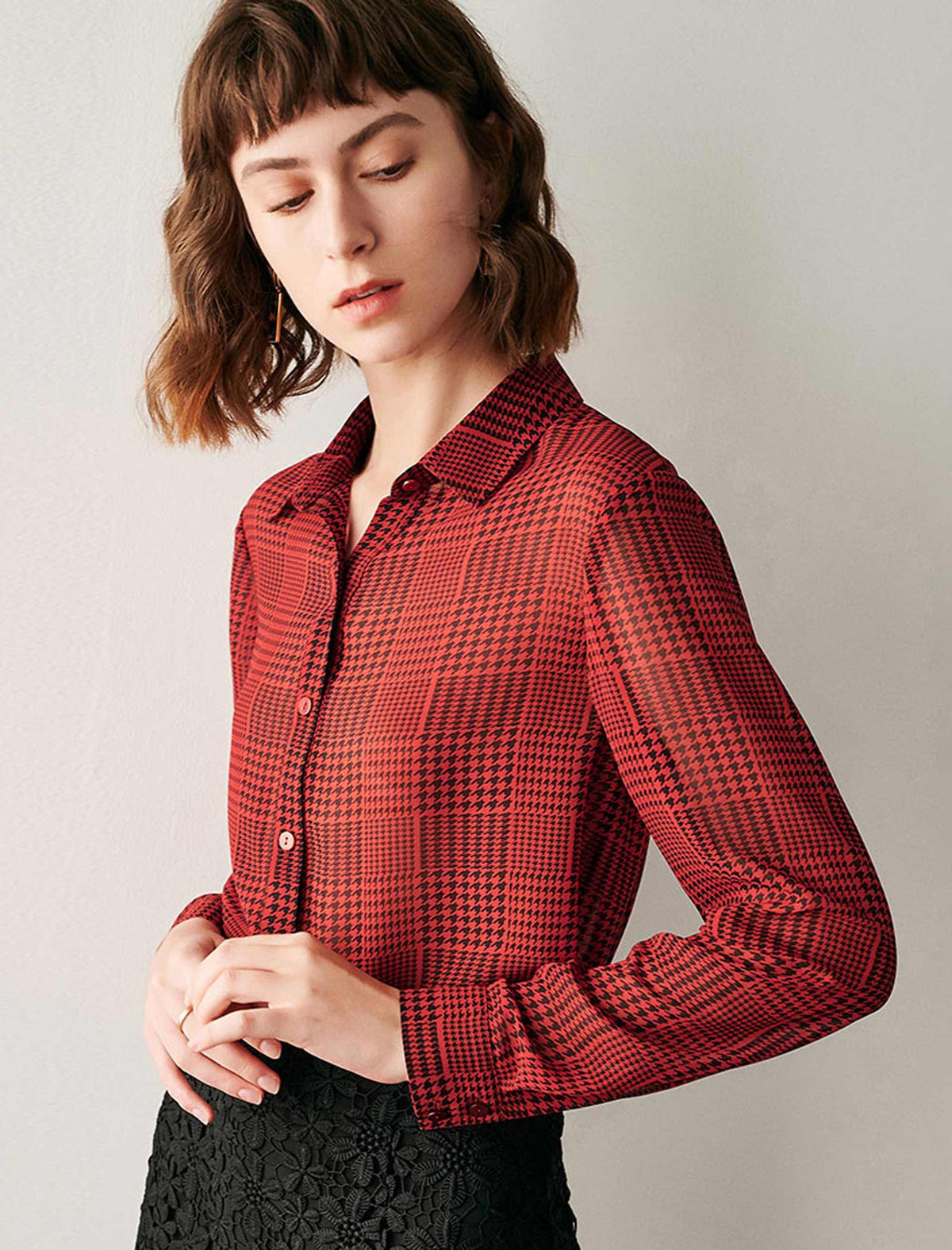 Houndstooth Button-Down Blouse
