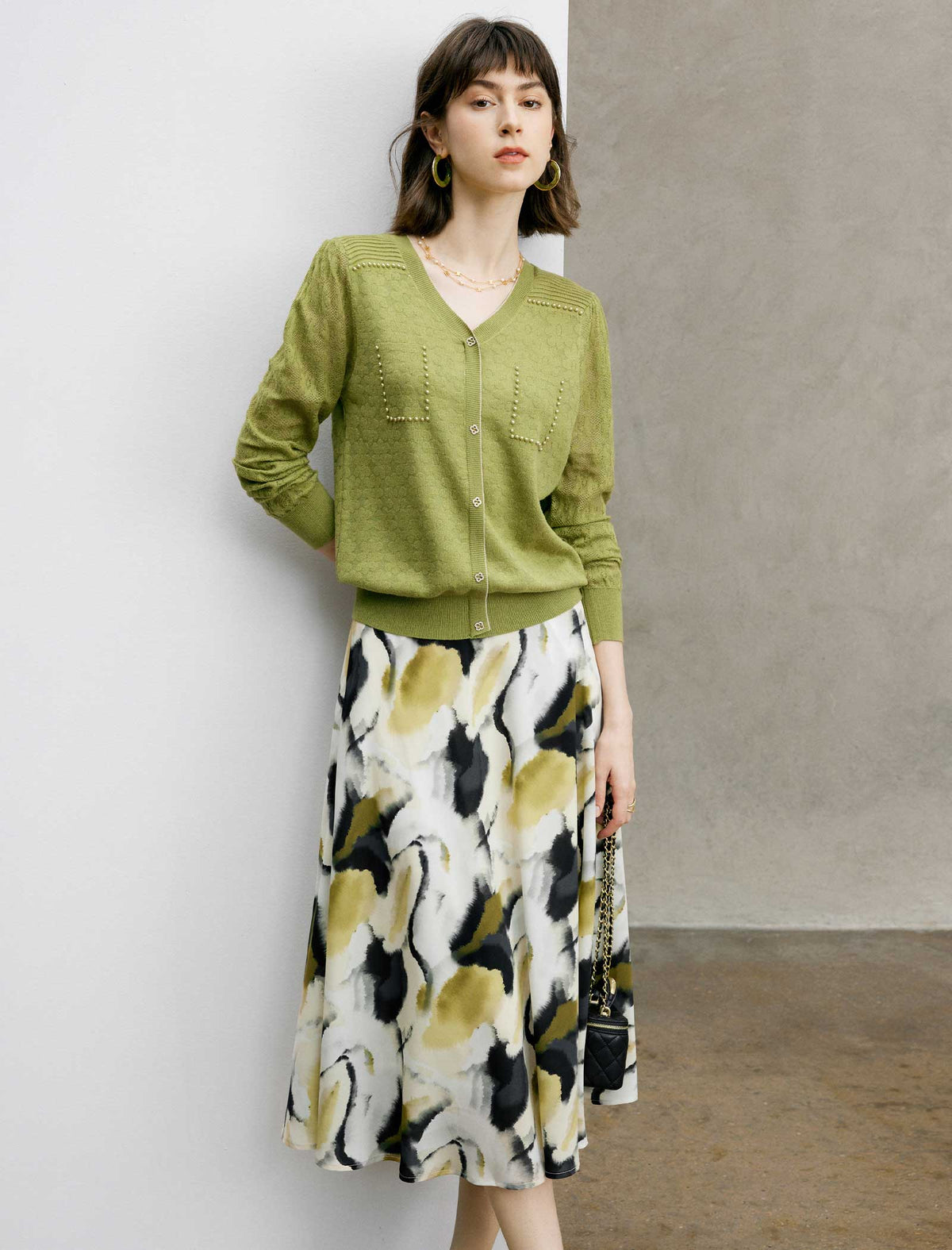 Wool Mulberry Silk Blend V-Neck Button Cardigan