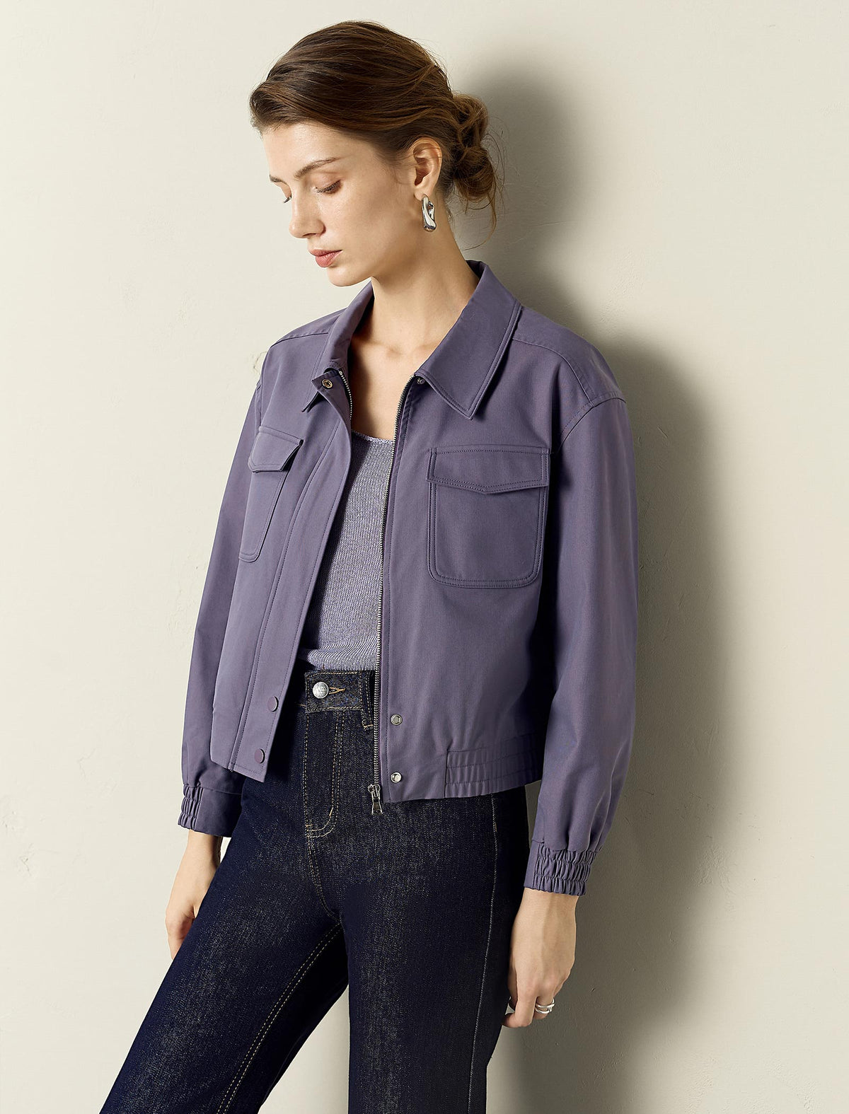 Collared Zip Up Cropped Jacket