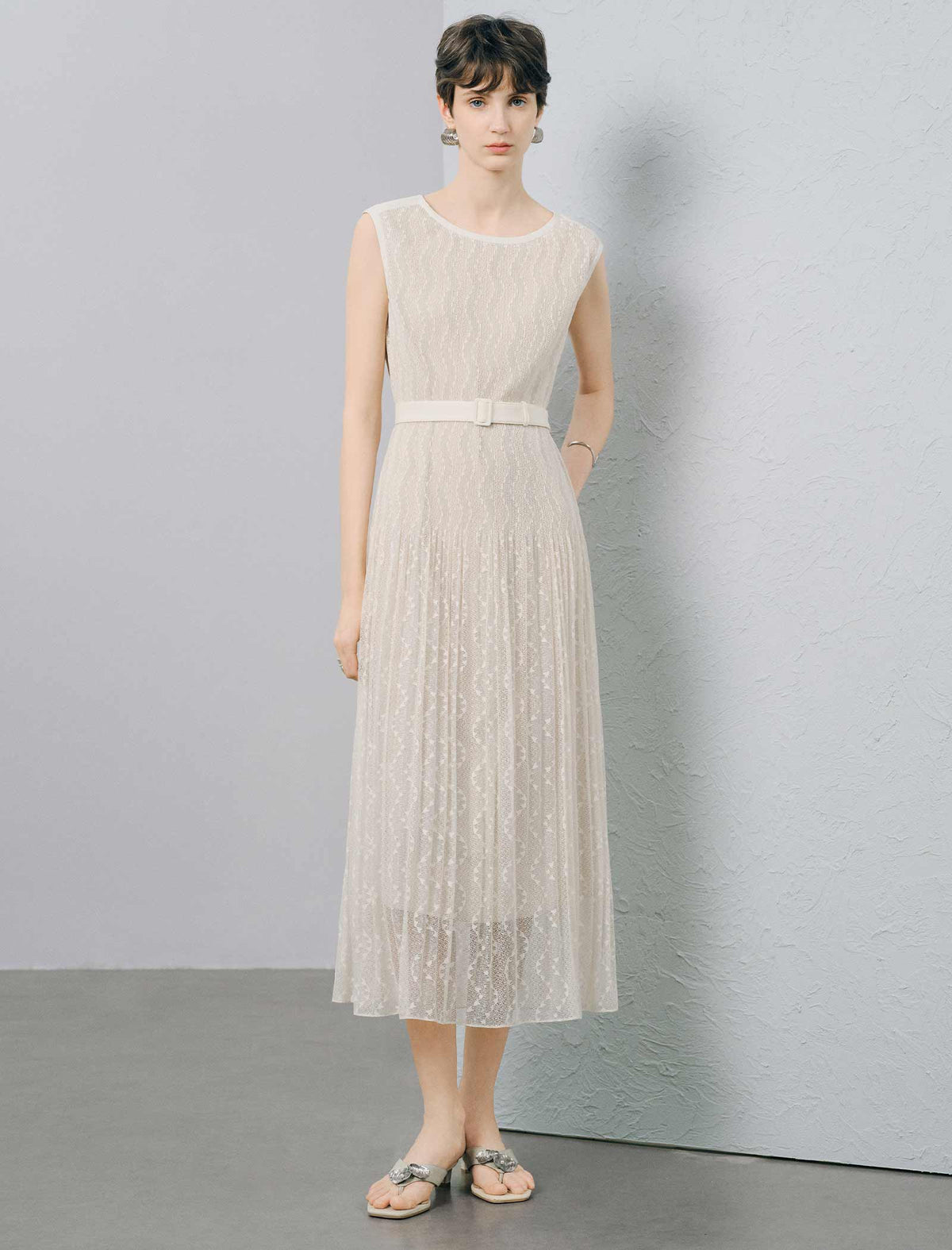 Wave Lace Boat Neck Belted Pleated Midi Dress
