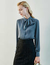 Dusty Blue Satin Tie-Neck Blouse