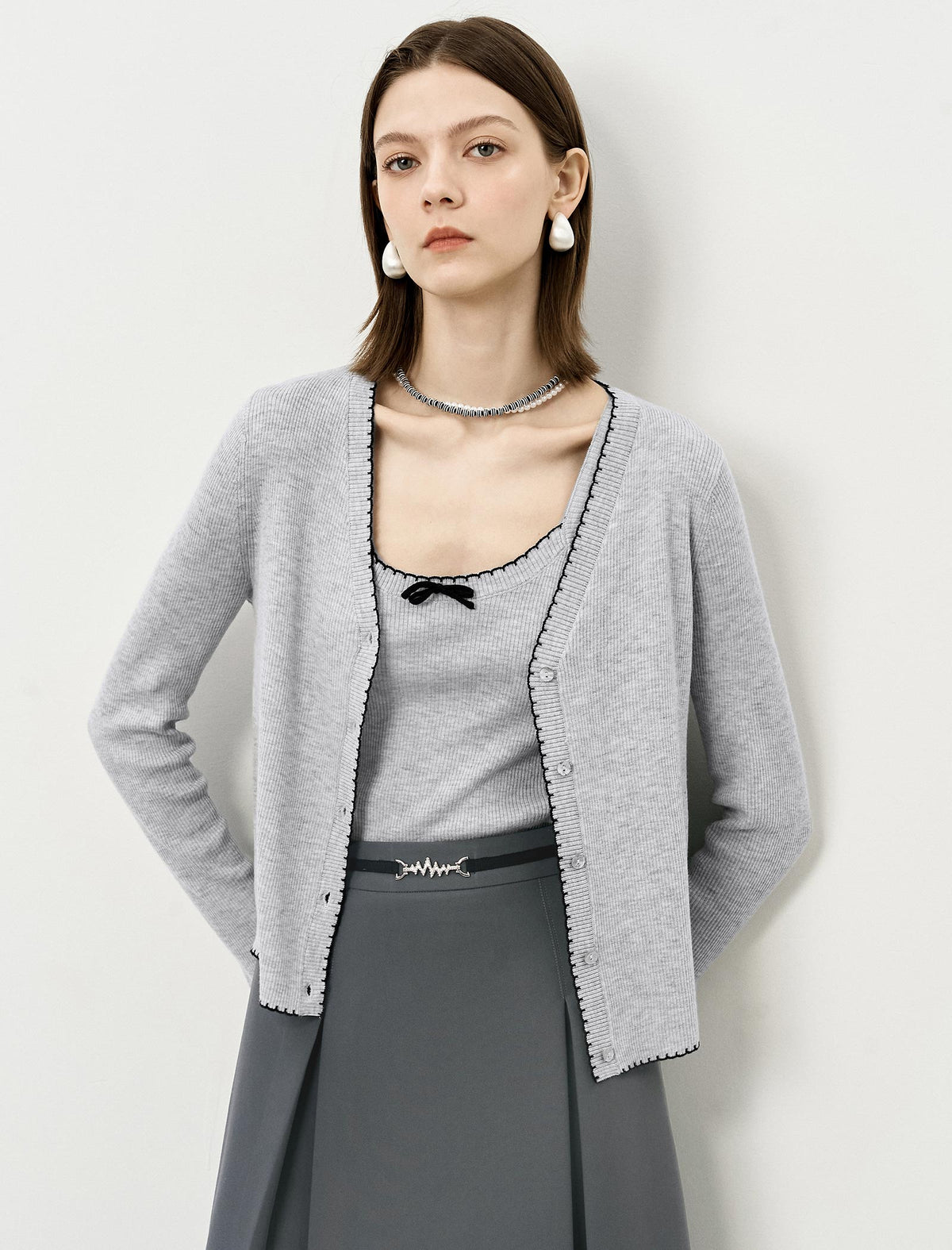 Wool Scallop Trim Cardigan and Cami Set