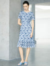 Blue Floral Lace Ruffle Hem Short Sleeve Midi Dress