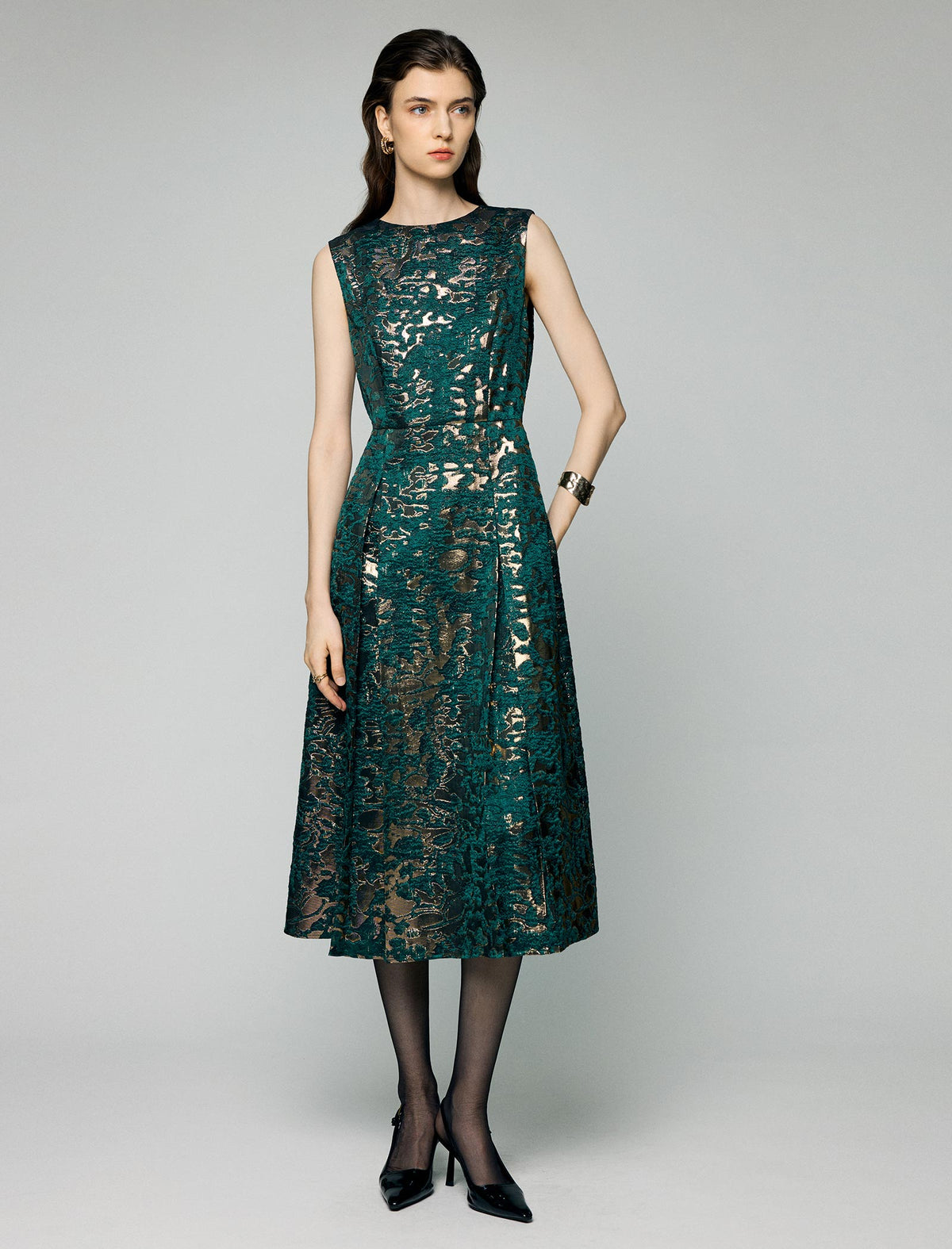 Jacquard Crewneck Sleeveless A-Line Midi Dress