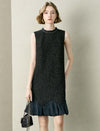 Black Tweed Wool-Blend Ruffle Hem Sleeveless Shift Dress