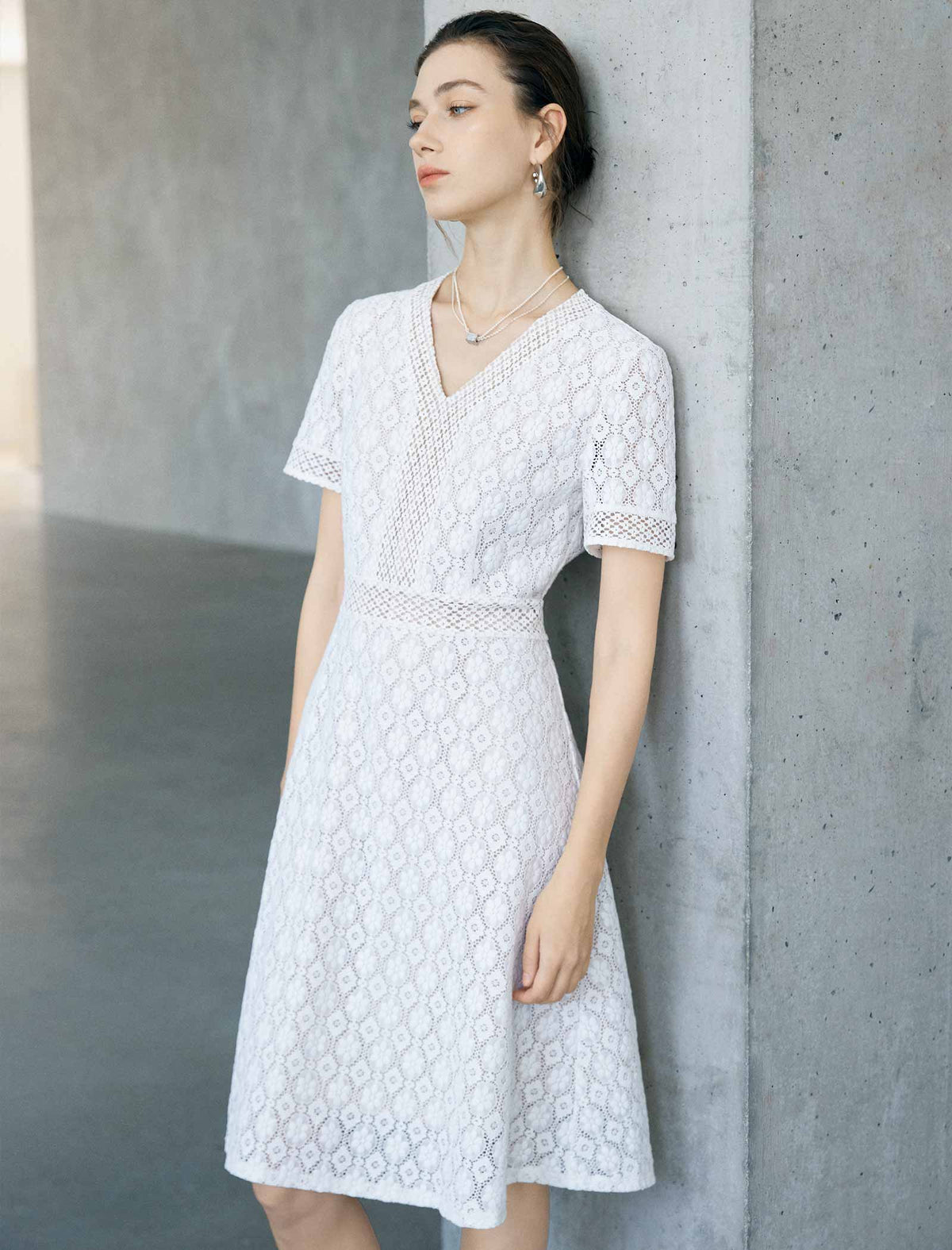 White Geometric Lace V-Neck Short Sleeve Fit And Flare Midi Dress