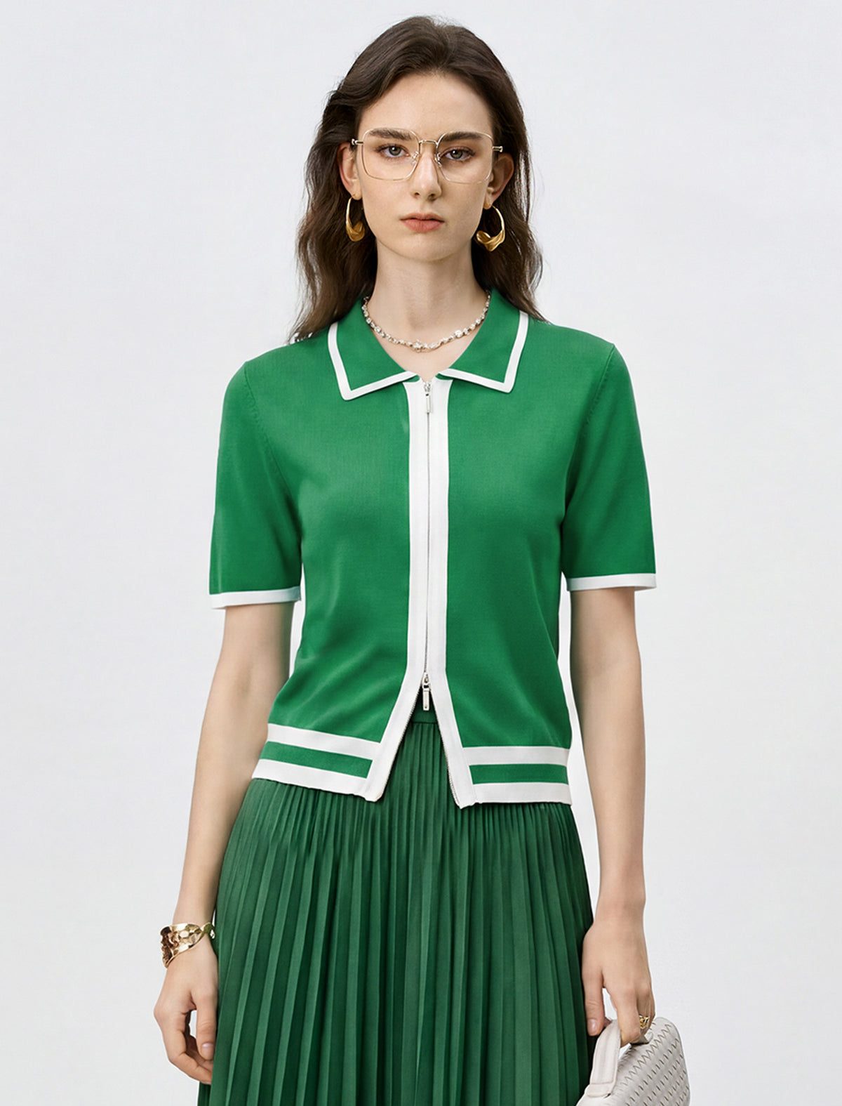 Collared Zip‑Up Knit Short Sleeve Cardigan