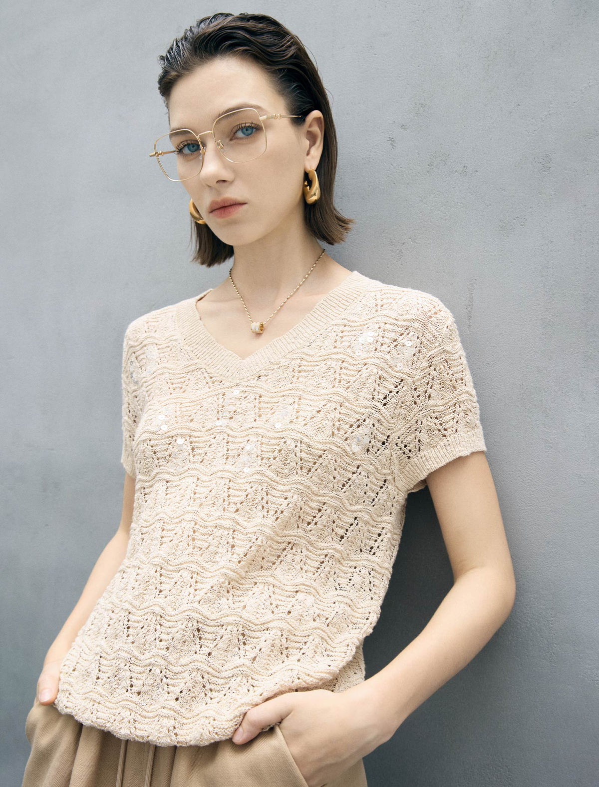 Beige Wave Open Knit V-Neck Short Sleeve Top