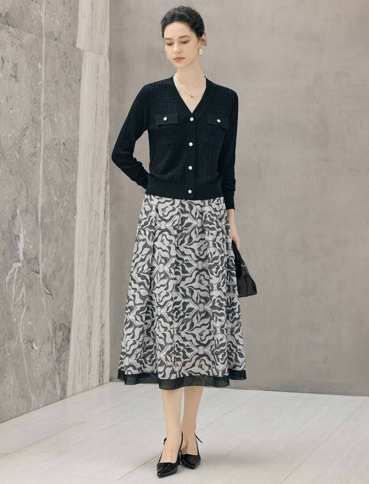 Abstract Floral Print Paneled A-Line Midi Skirt