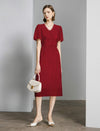 Lace V-Neck Puff Sleeve Midi Dress