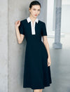 Contrast Collar Zip Front Short Sleeve A-Line Midi Dress