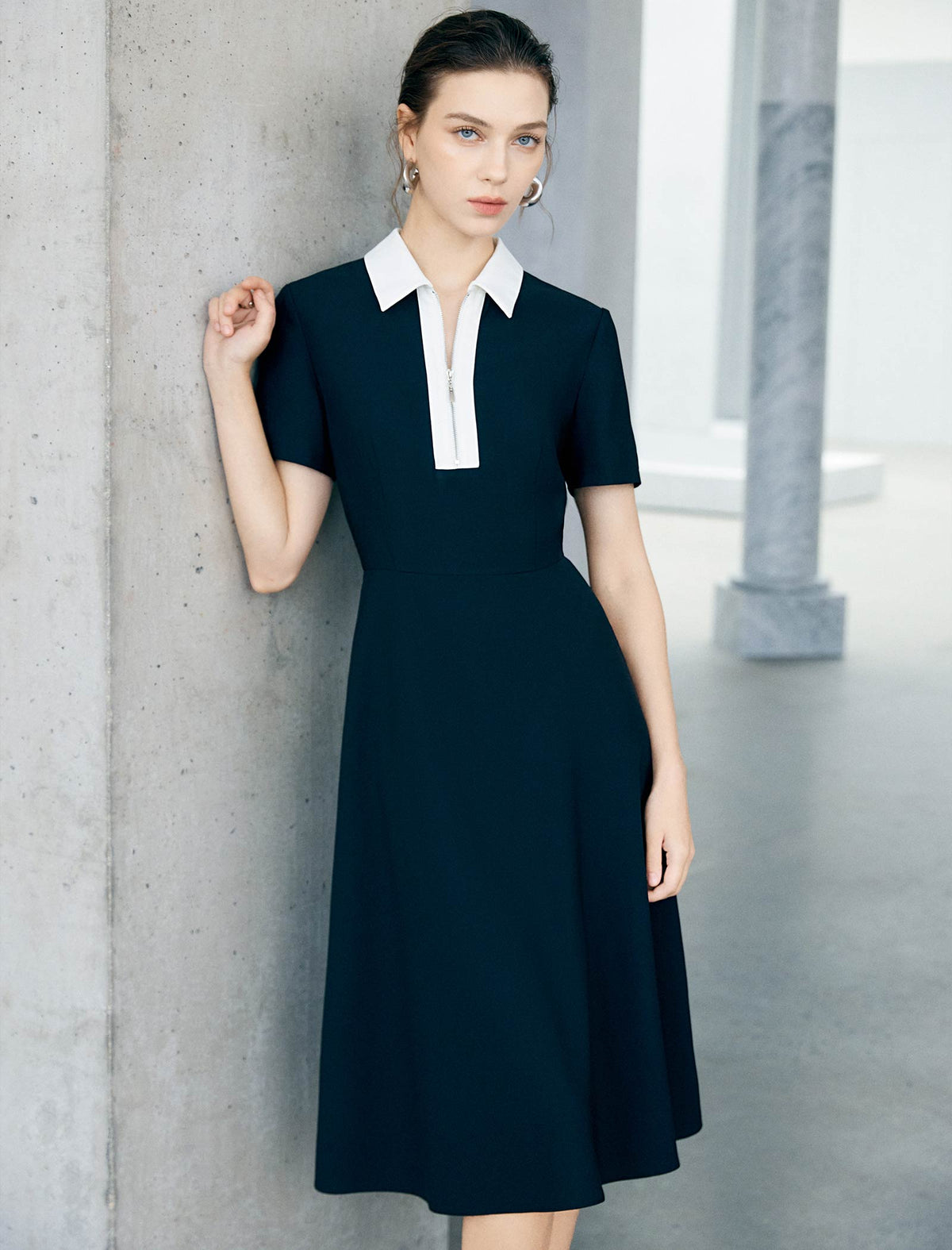 Contrast Collar Zip Front Short Sleeve A-Line Midi Dress