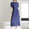 Bow Detail Puff Sleeve Pleated Midi Dress - Dark Blue