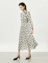 Pleated Tie-Neck Printed Metallic Trim Midi Dress
