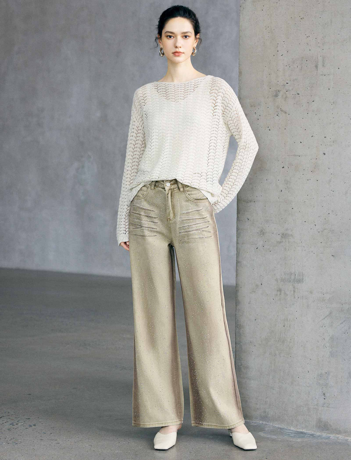Vintage Washed Rhinestone Wide Leg Denim Pants