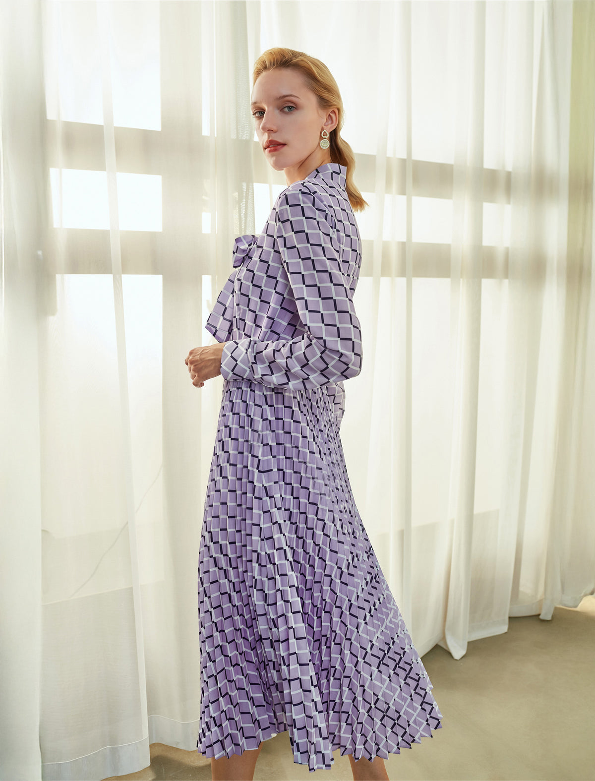 Lavender Grid Print Tie Neck Pleated Midi Dress