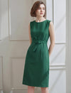 Solid Color Self-Belt Sleeveless Dress